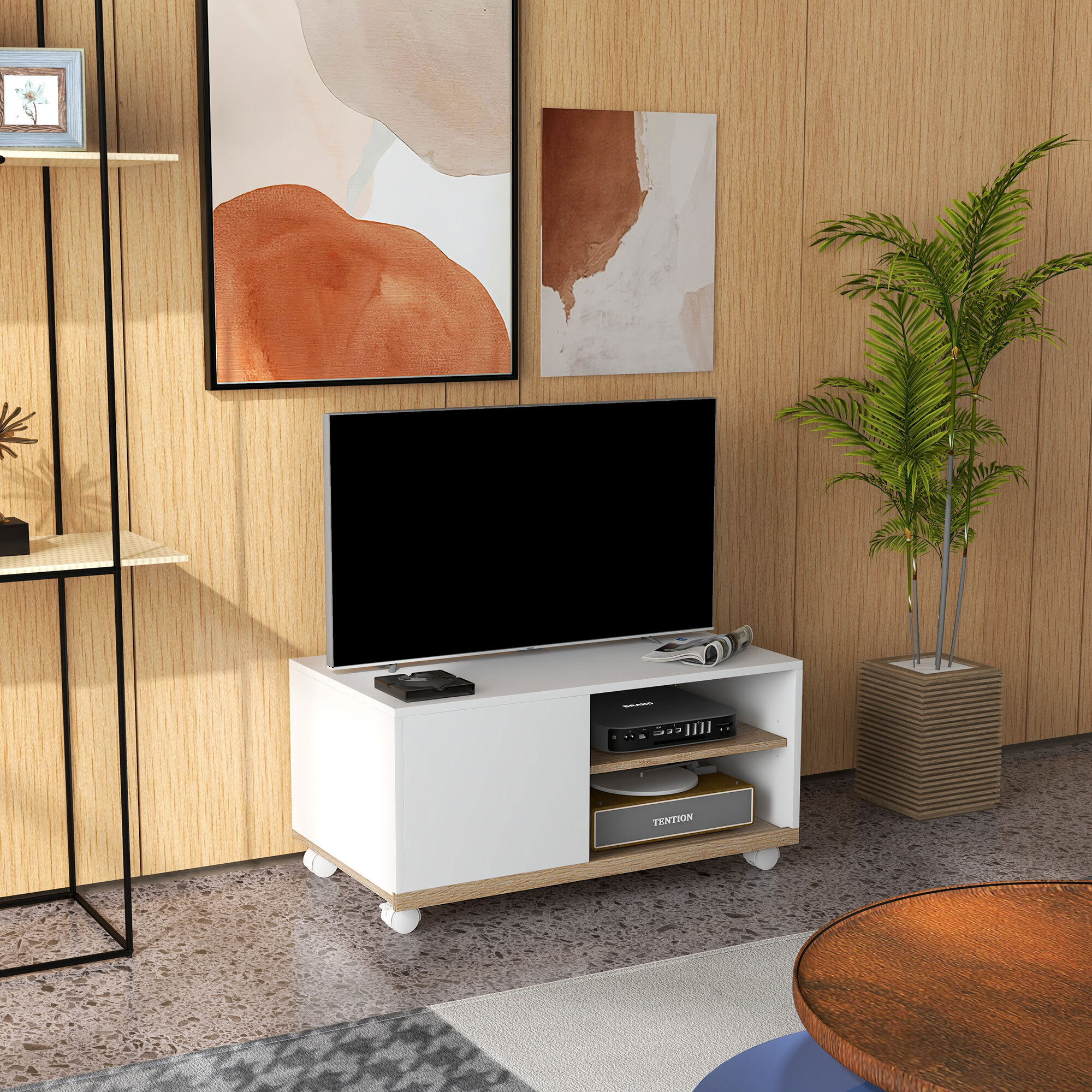Mueble de TV con Ruedas, Mesa de TV Móvil, Mueble para Televisión hasta 32 Pulgadas, con 1 Puerta, 2 Compartimentos Abiertos, Estante Ajustable, para Salón, Comedor, Dormitorio, Blanco