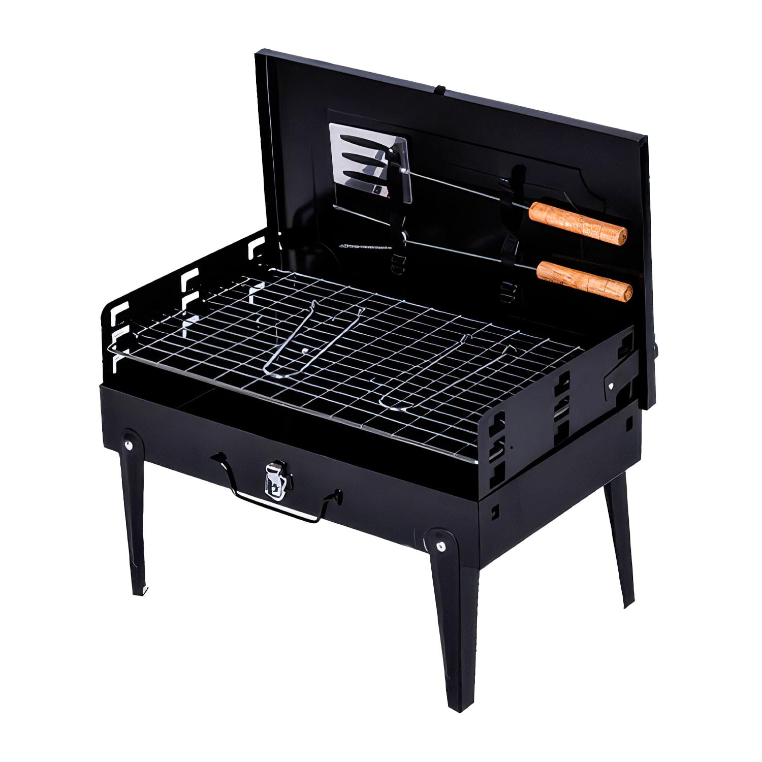 BBQ portatile pieghevole a carbone CA-07, grill regolabile su tre altezze, ventilazione ottimizzata e finitura resistente alla corrosione.