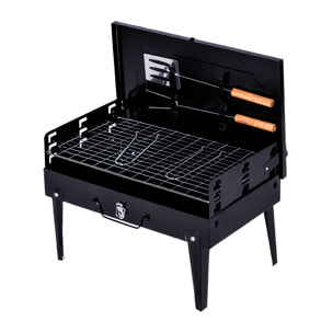 BBQ portatile pieghevole a carbone CA-07, grill regolabile su tre altezze, ventilazione ottimizzata e finitura resistente alla corrosione.