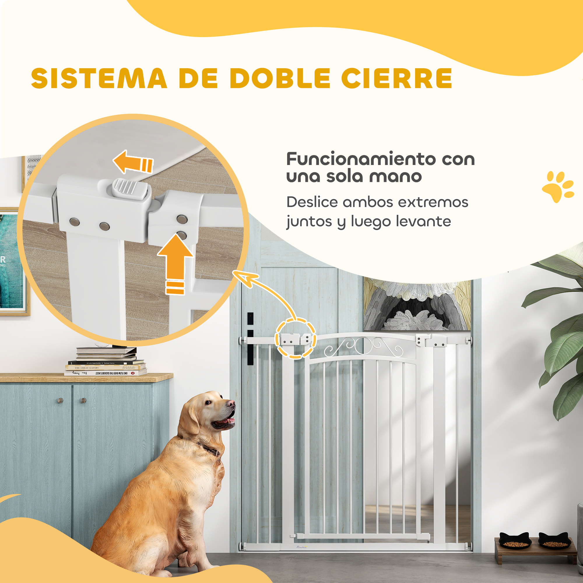 Barrera para Perros Puerta para Perros con Ancho Ajustable 76-104 cm Barrera de Seguridad para Perros con 2 Extensiones y Doble Bloqueo para Escaleras y Puertas Blanco