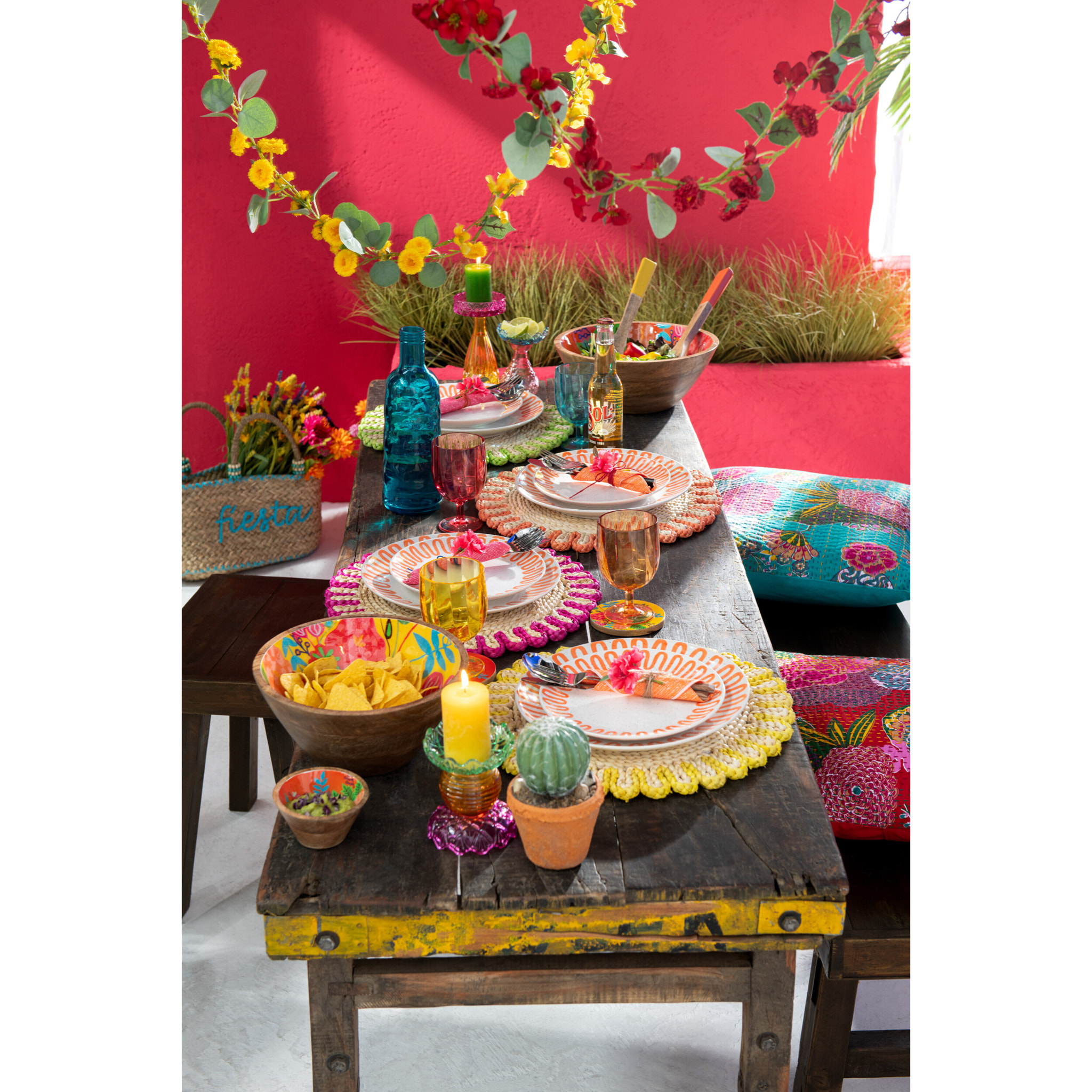 J-Line guirlande Fleurs + Feuilles - plastique - jaune/vert - 2 pcs