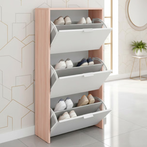 Mobile Portascarpe Salvaspazio Con 3 Ante A Ribalta Capacità Fino A 18 Paia Scarpiera Design Moderno 113 x 60 x 22 Cm Rovere E Bianco Lucido