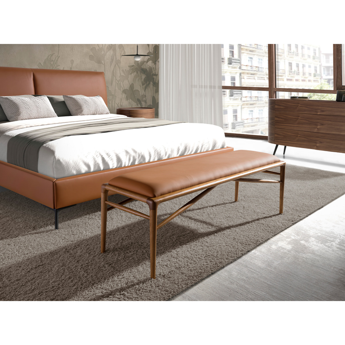 Banqueta Angel Cerdá con asiento tapizado en polipiel en marrón 130x40x43cm