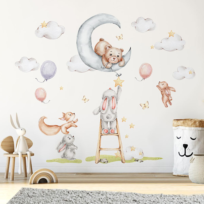 Stickers muraux | Sticker Mural Autocollant - ANIMAUX LAPINS ET LEURS AMIS DE LA FORÊT AQUARELLE - Stickers adhésifs