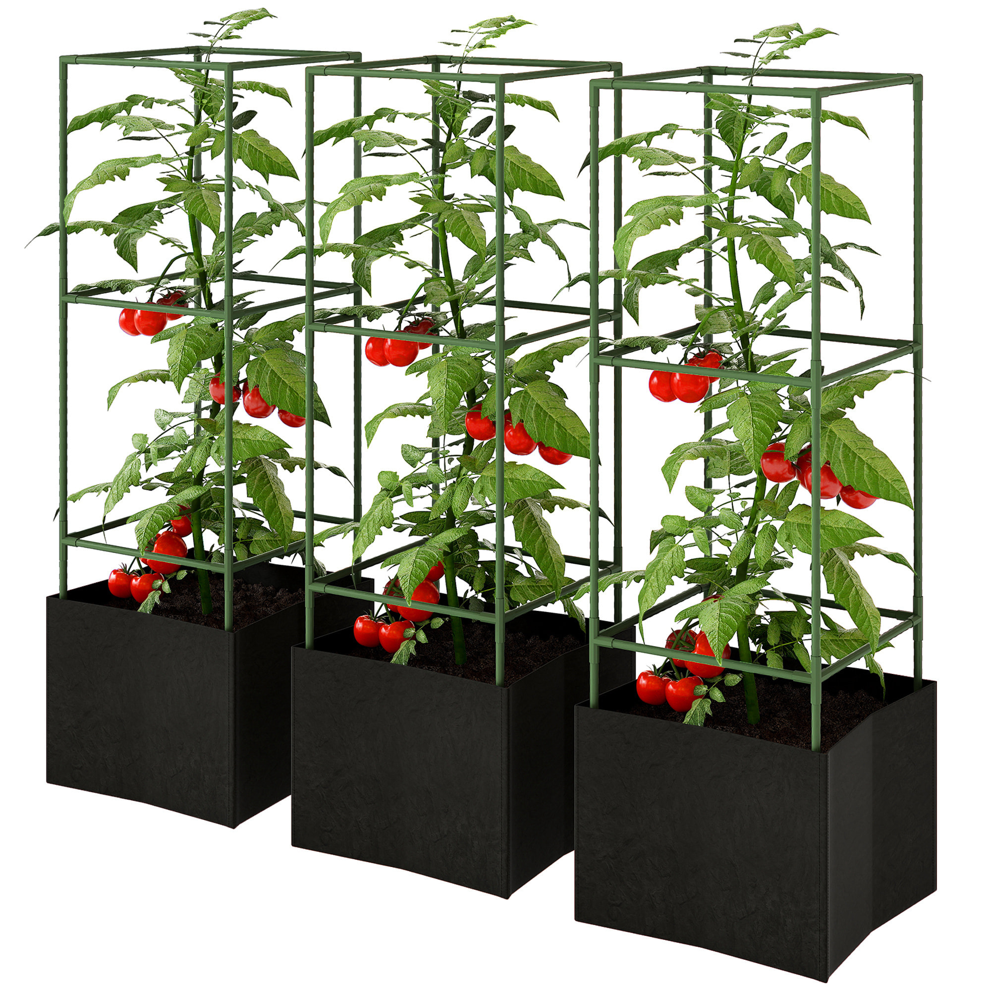 Cages à tomates tuteurs modulables - lot de 3 - non tissé noir acier thermolaqué vert
