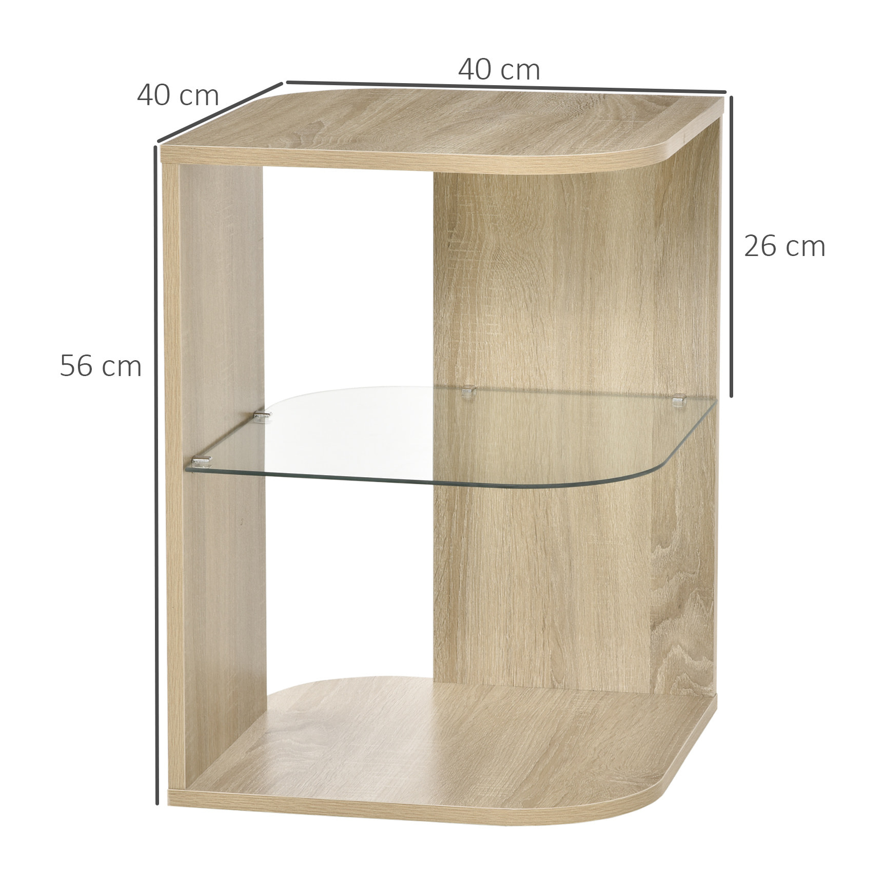 HOMCOM Mesita Auxiliar de Salón Moderna Mesilla de Noche con 3 Estantes Tablero de Cristal Mesita de Café para Sala de Estar Dormitorio 40x40x56 cm Madera Natural