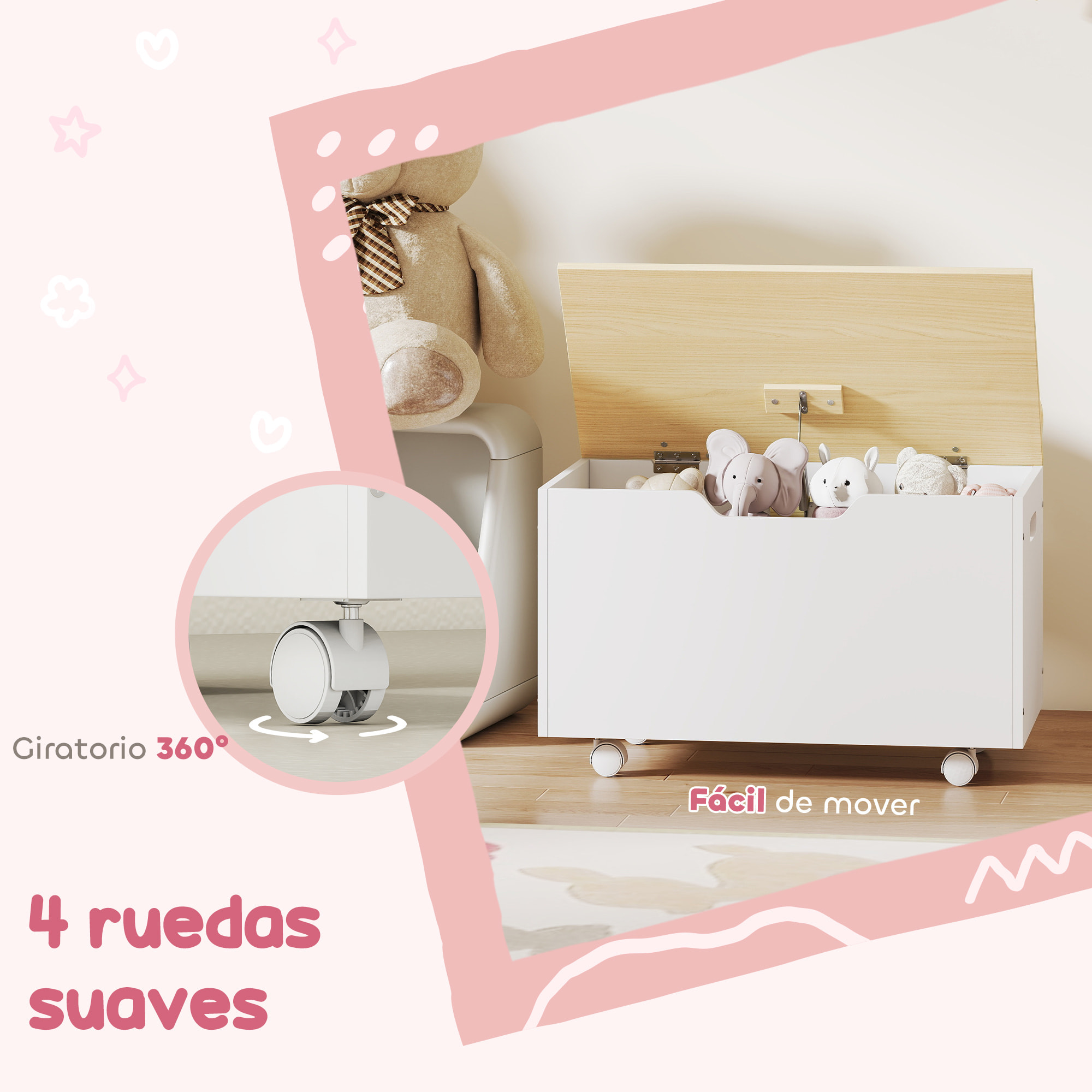 Caja de Almacenaje de Juguetes con Ruedas, Baúl Juguetes Infantil con Tapa Abatible con Bisagra de Seguridad, Diseño de Nube, para Dormitorio, Sala de juegos, Guardería, Blanco y Natural