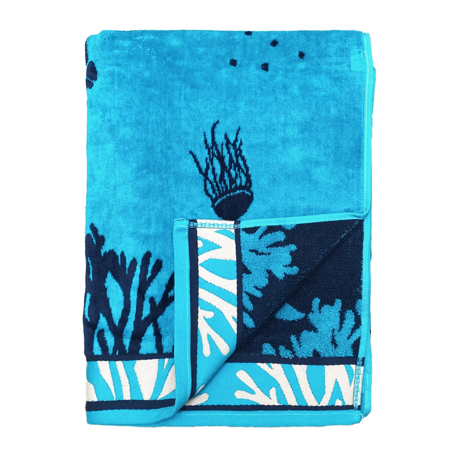 Serviette de plage éponge velours Jacquard Bleu 100x175 470g/m² - Princesa