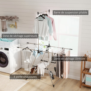Étendoir pliable - séchoir à linge - ailes réglables, barre suspension - acier inox