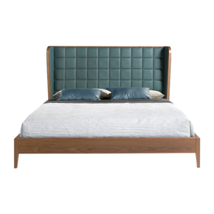 Cama Angel Cerdá de matrimonio con cabecero en polipiel en verde oscuro y estructura de madera chapada en nogal natural 206x213x123cm
