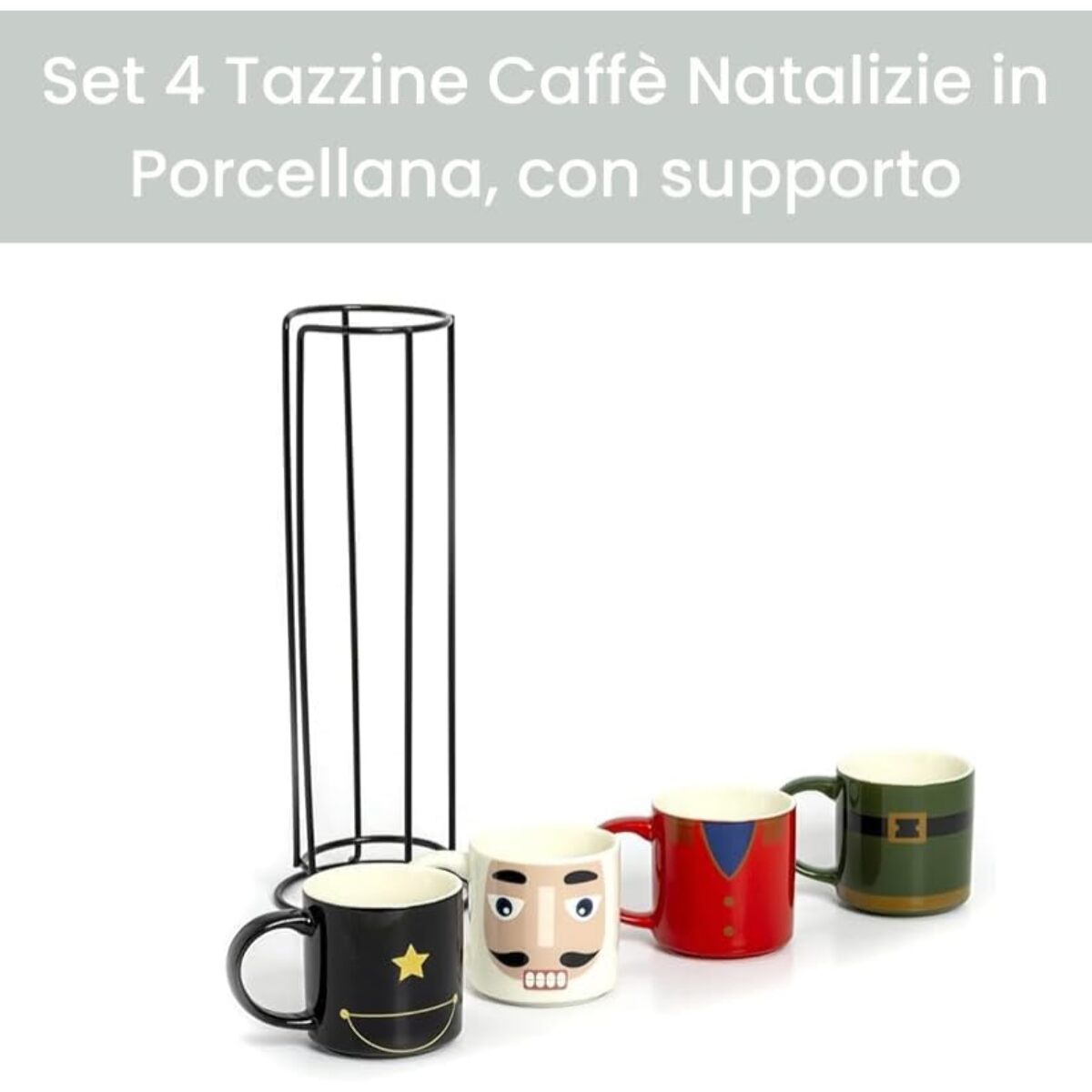 Intrecci – Set 4 tazzine da caffè natalizie in porcellana con supporto impilabile