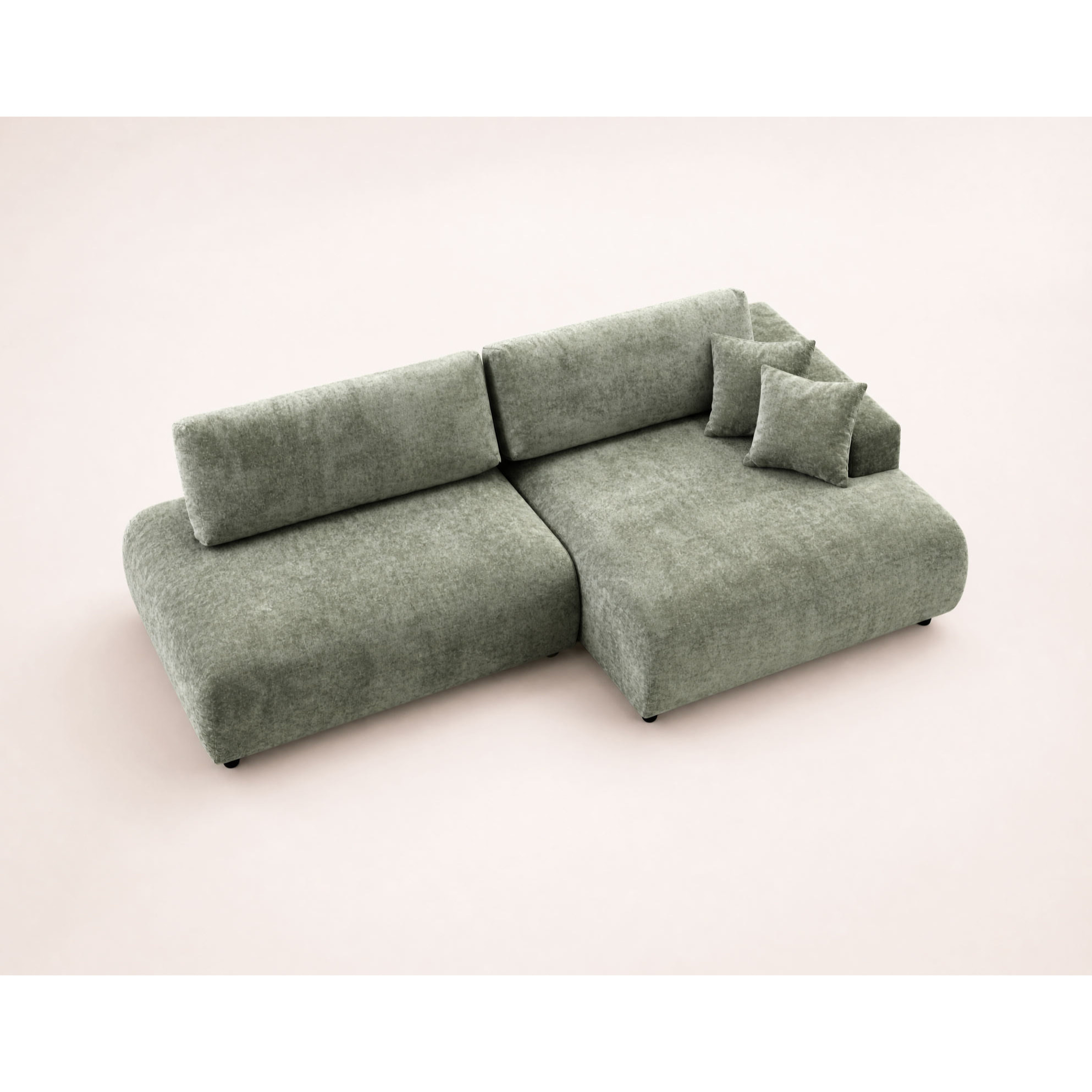 Pivoine - Canapé d'angle ouvert droit 4 places convertible avec coffre en tissu texturé - Vert sauge