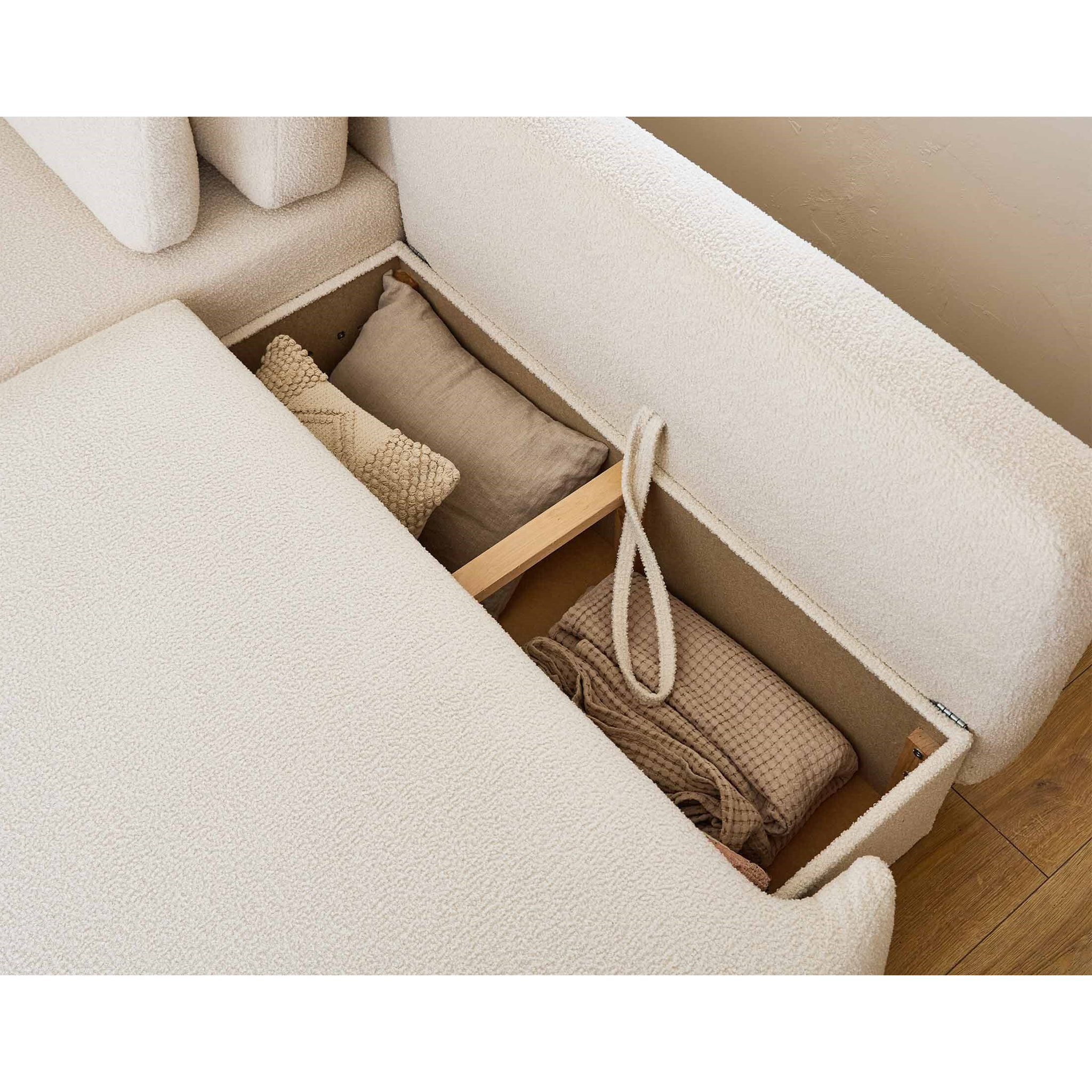 Mahina - canapé d'angle gauche - 4 places - convertible avec coffre - en tissu bouclette - Beige