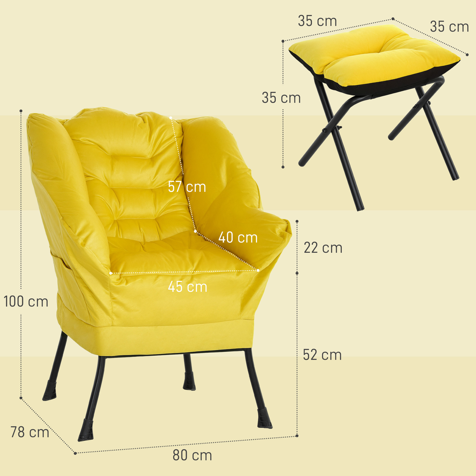 Sillón de Salón con Reposapiés Sillón de Relax Butaca para Dormitorio con Bolsillos Laterales y Patas de Acero para Sala de Estar Amarillo