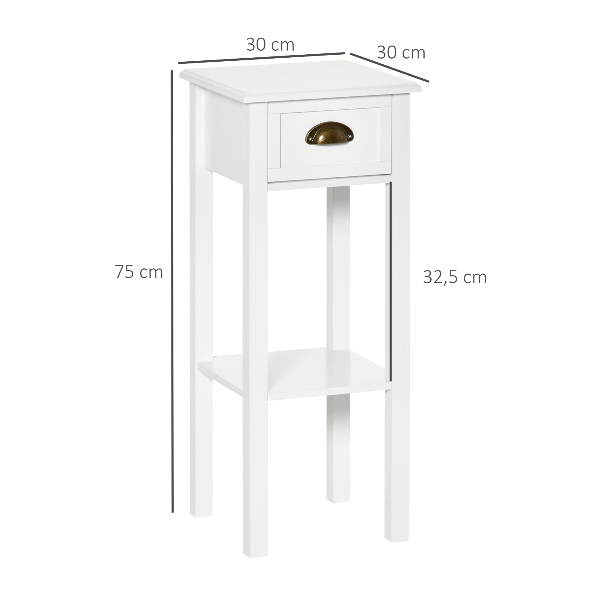 Lot de 2 tables d'appoint bout de canapé guéridon - tiroir, étagère - dim. 30L x 30l x 75H cm - poignées coquilles laiton vieilli MDF blanc