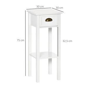 Lot de 2 tables d'appoint bout de canapé guéridon - tiroir, étagère - dim. 30L x 30l x 75H cm - poignées coquilles laiton vieilli MDF blanc