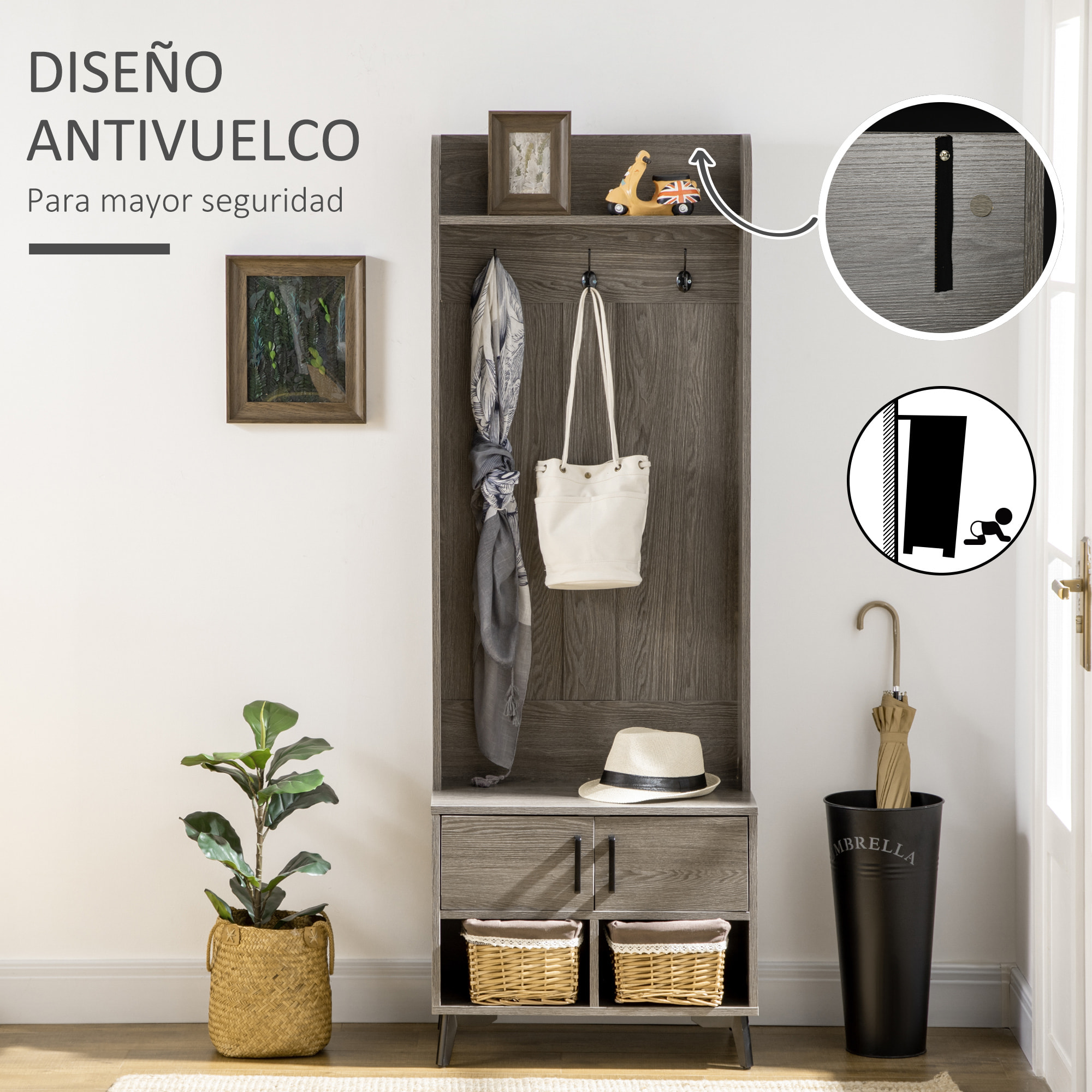 Perchero con Zapatero Perchero Entrada Recibidor con 3 Ganchos 2 Puertas 2 Compartimientos y Estante de Almacenamiento para Pasillo 60x34x170 cm Gris