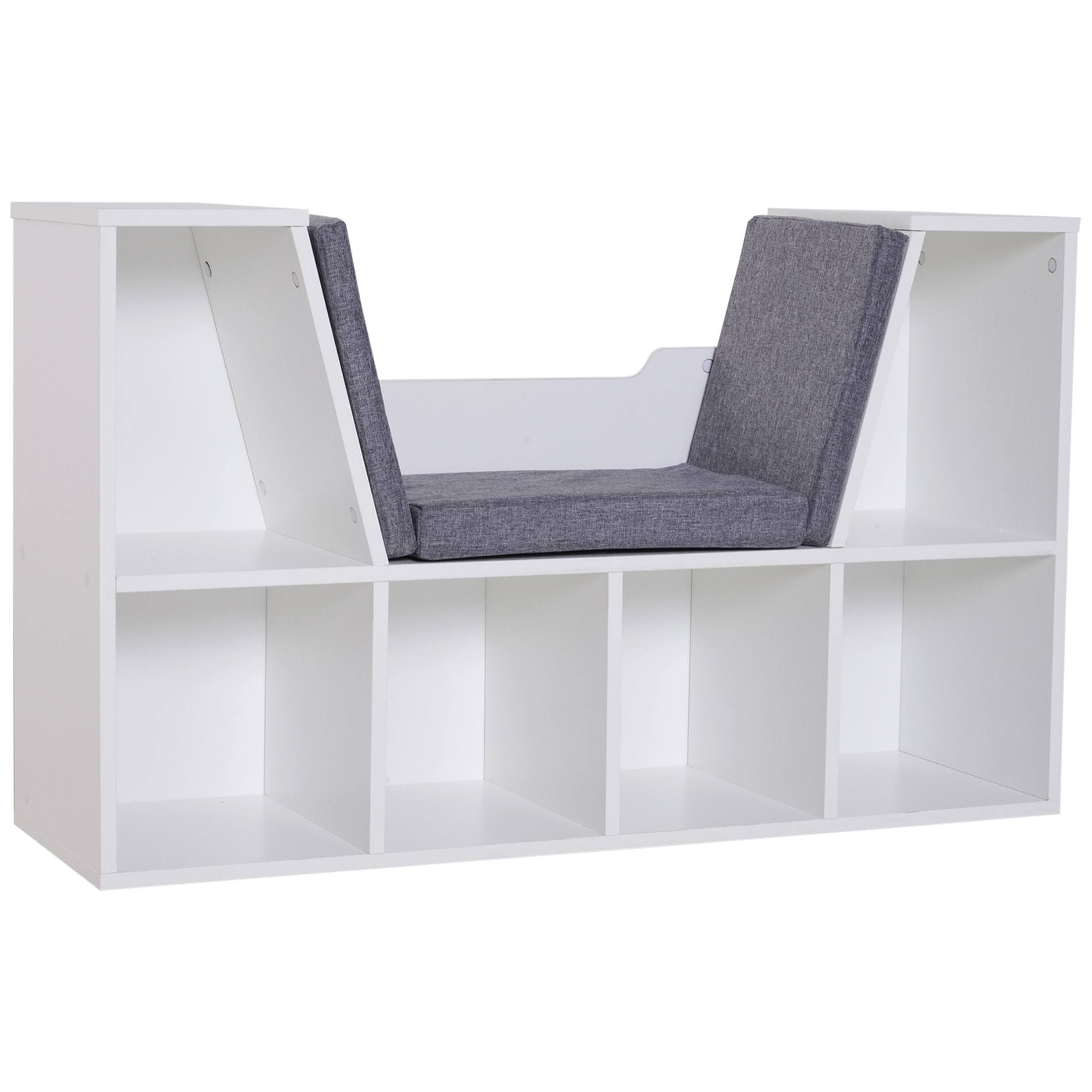 Bibliothèque banc 2 en 1 design contemporain 6 casiers 3 coussins fournis 102L x 30l x 61H cm blanc gris chiné