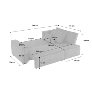 Canapé d'angle convertible réversible 3 places velours côtelé grosse côte gris foncé