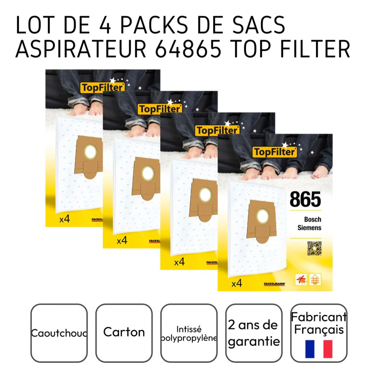 Lot de 4 packs de 4 sacs aspirateur 64865 pour Bosch TopFilter Premium