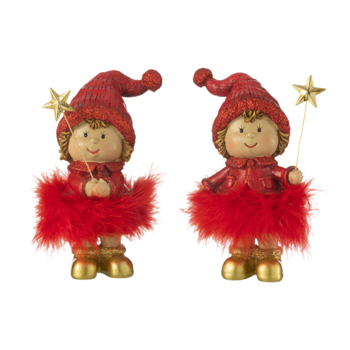 J-Line figurine Enfant Bonnet + Etoile Fourrure - polyrésine - rouge/or - large - 2 pcs