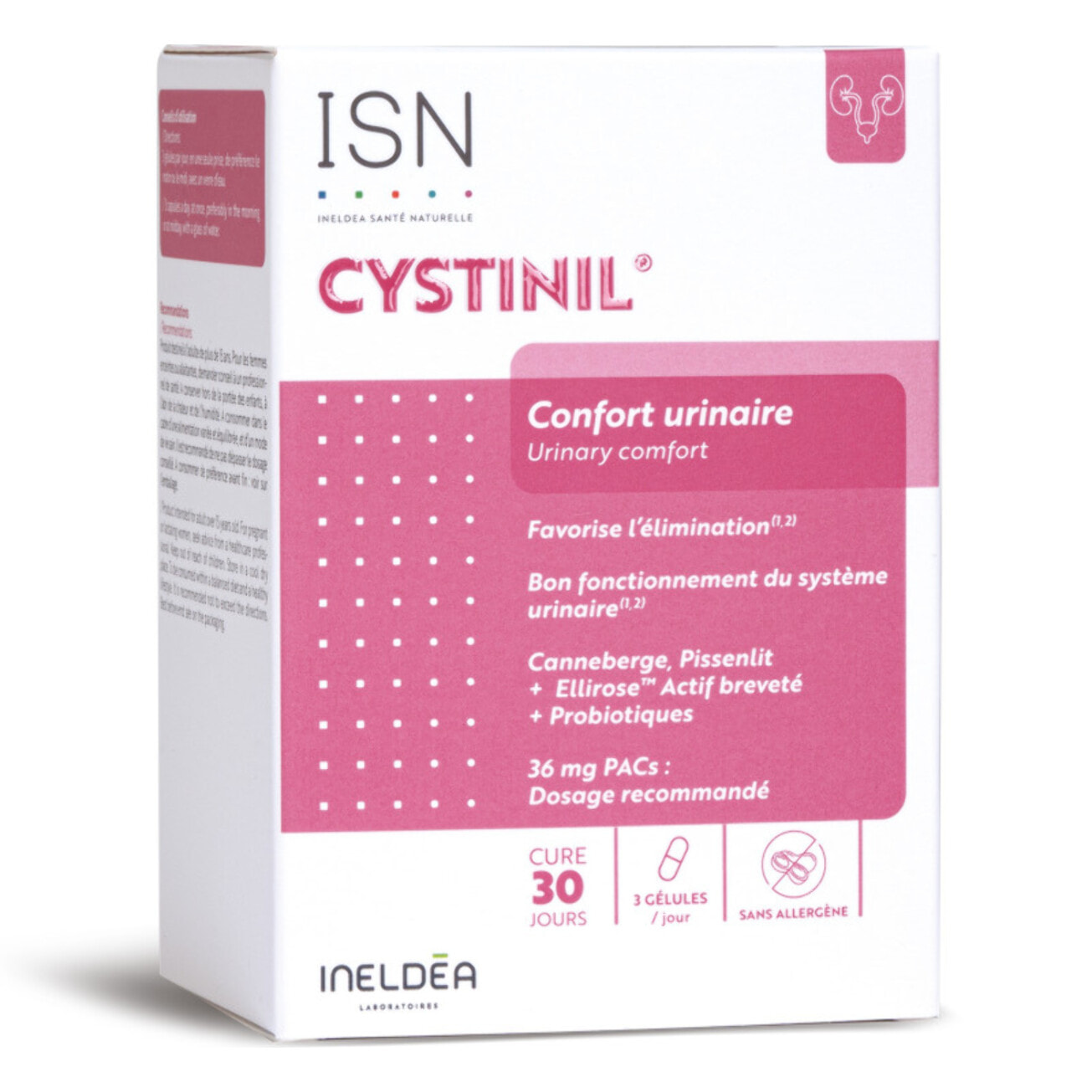 ISN - Cystinil - Complément alimentaire à base de Cranberry, Pissenlit, Probiotiques - Améliore le confort urinaire - Cure 30 jours