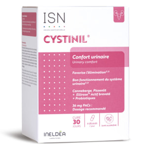ISN - Cystinil - Complément alimentaire à base de Cranberry, Pissenlit, Probiotiques - Améliore le confort urinaire - Cure 30 jours