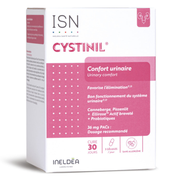 ISN - Cystinil - Complément alimentaire à base de Cranberry, Pissenlit, Probiotiques - Améliore le confort urinaire - Cure 30 jours