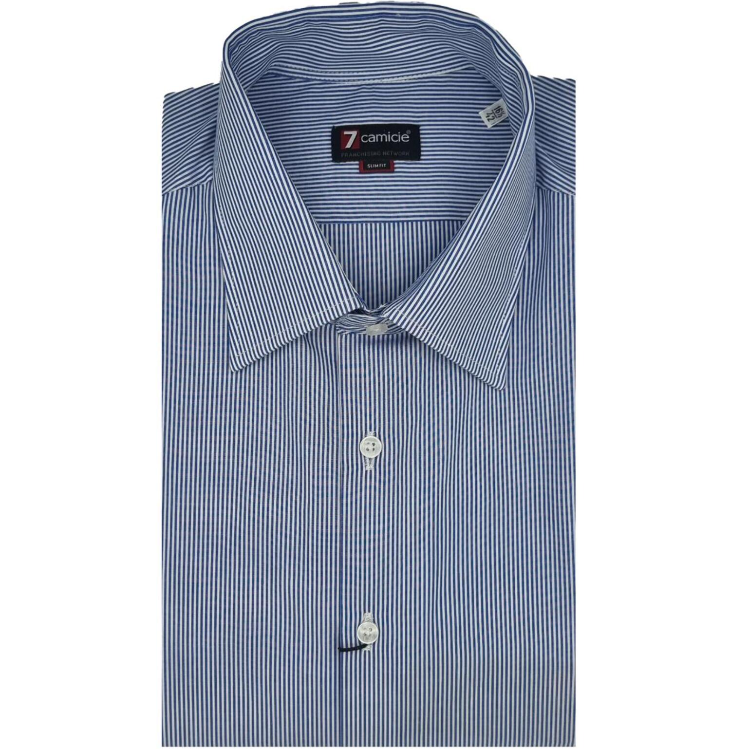 Camicia Uomo 1 Bottone Italiano Slim Popeline Riga Stretta Blu\Bianco