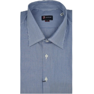 Camicia Uomo 1 Bottone Italiano Slim Popeline Riga Stretta Blu\Bianco