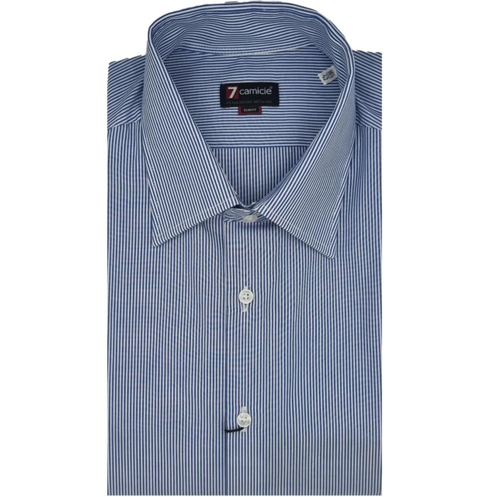 Camicia Uomo 1 Bottone Italiano Slim Popeline Riga Stretta Blu\Bianco