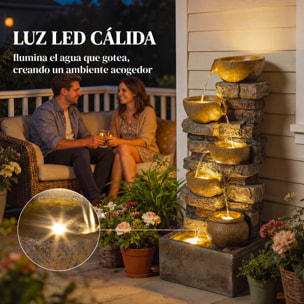 Fuente de Agua Decorativa con Iluminación LED y Bomba, Fuente de Jardín Exteror en Cascada de 5 Niveles, Flujo Ajustable, Resistente a la intemperie, para Jardín, Terraza, Marrón Rústico