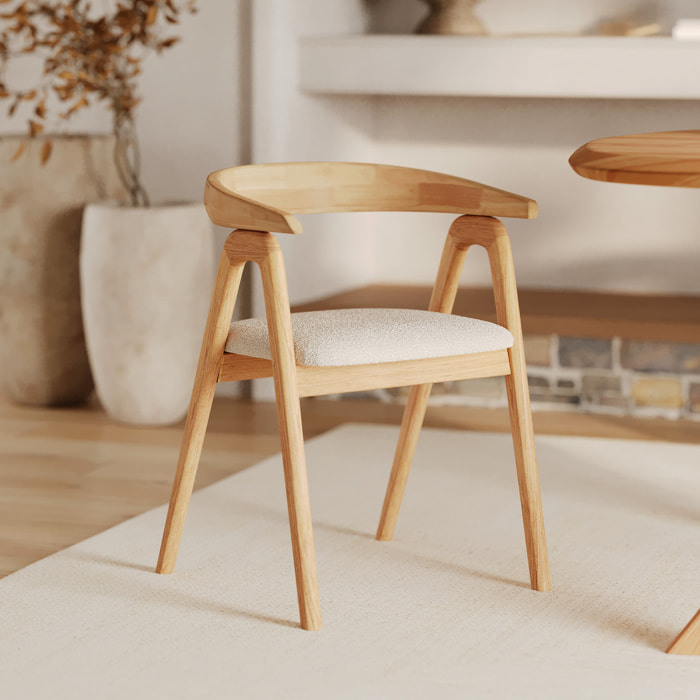 Chaise en bois d'hévéa clair et tissu bouclé crème - Hawa