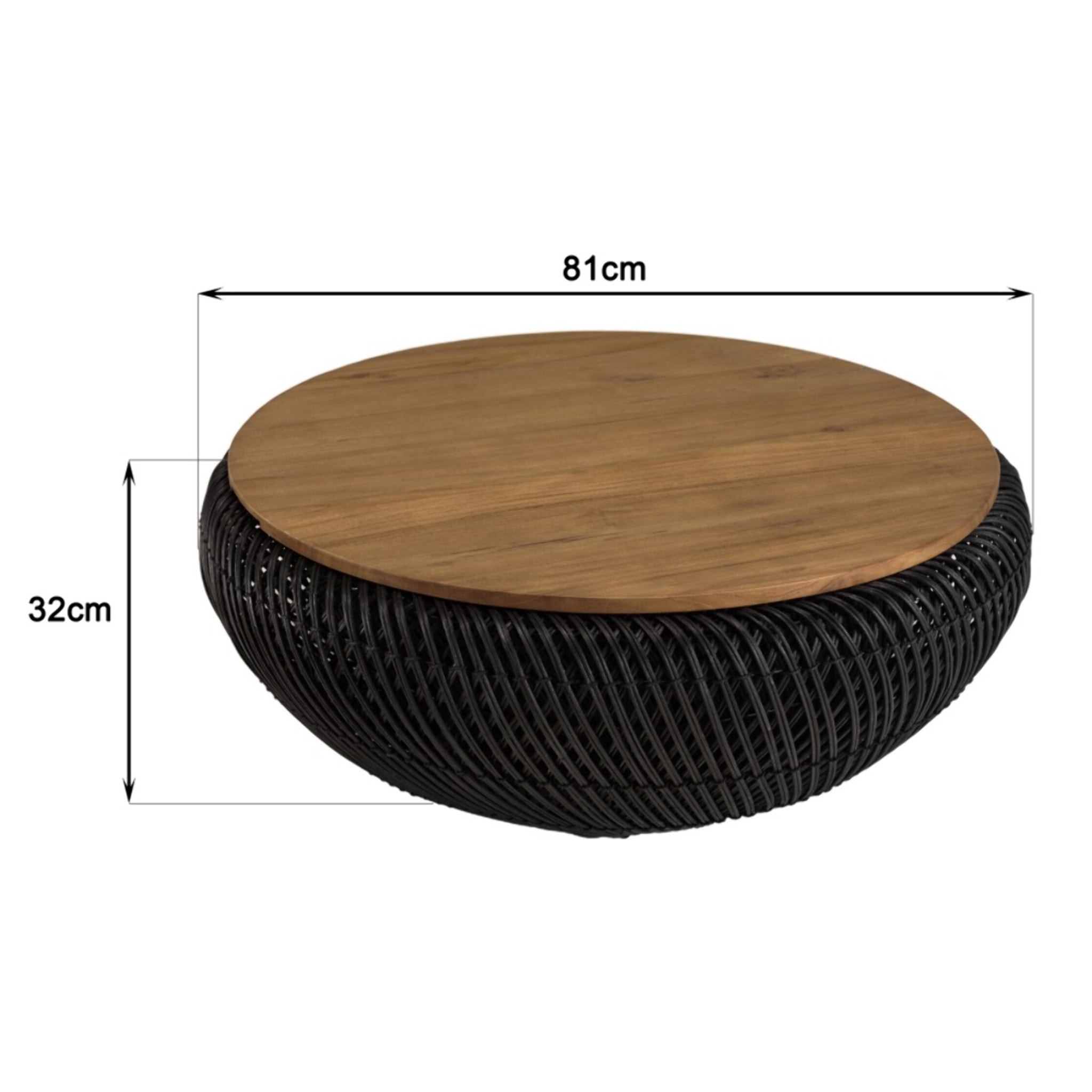 SIXTINE - Table basse ronde 80x80cm en rotin noir plateau amovible