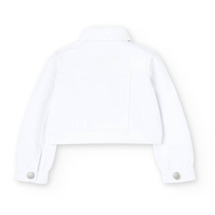 Cazadora niña, algodón lisa, blanco, cuello camisero, mangas
