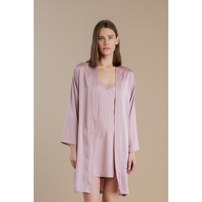 Completo due pezzi donna in raso con camicia da notte e vestaglia manica lunga articolo pleasure Noidinotte