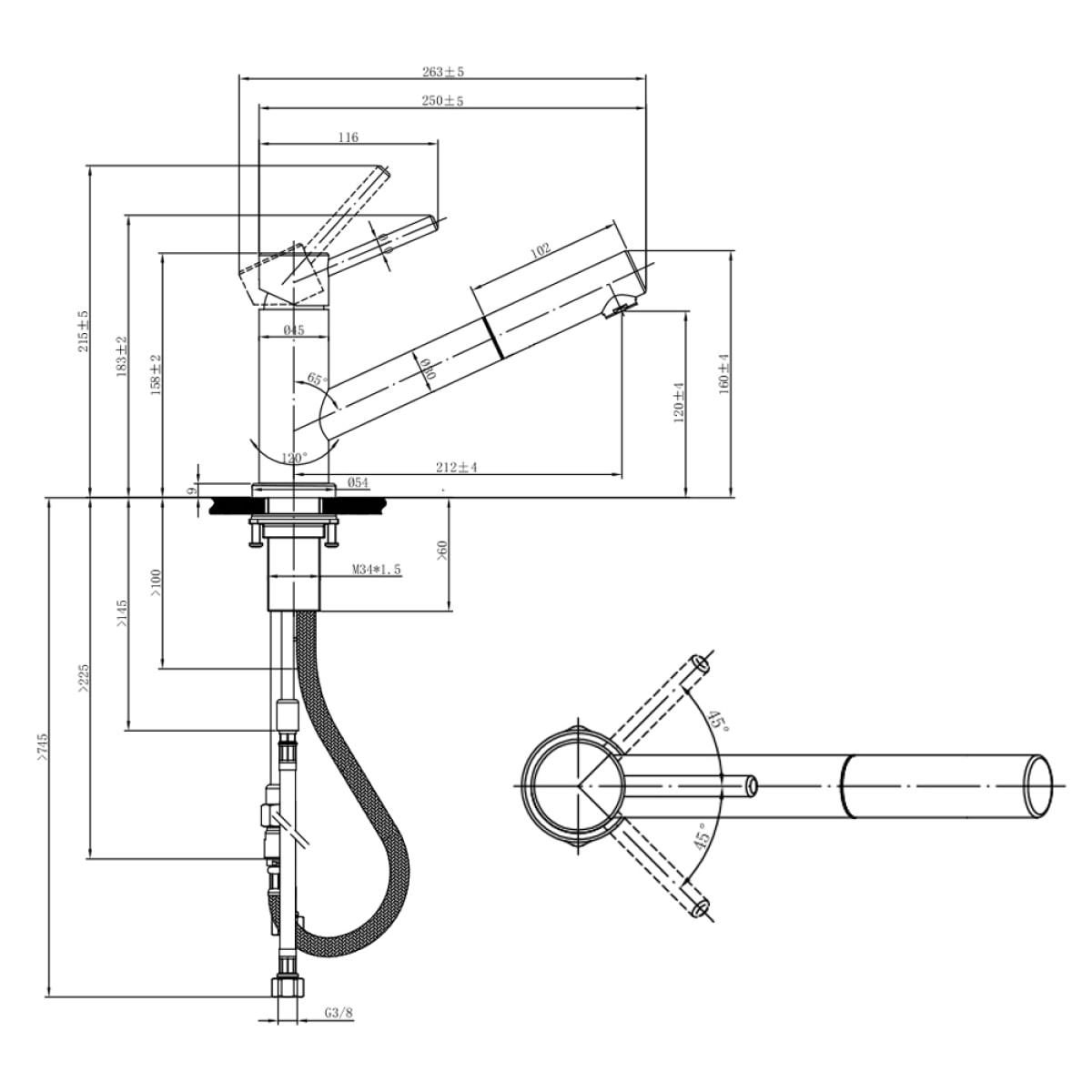 Robinet cuisine Como Shower acier massif poli