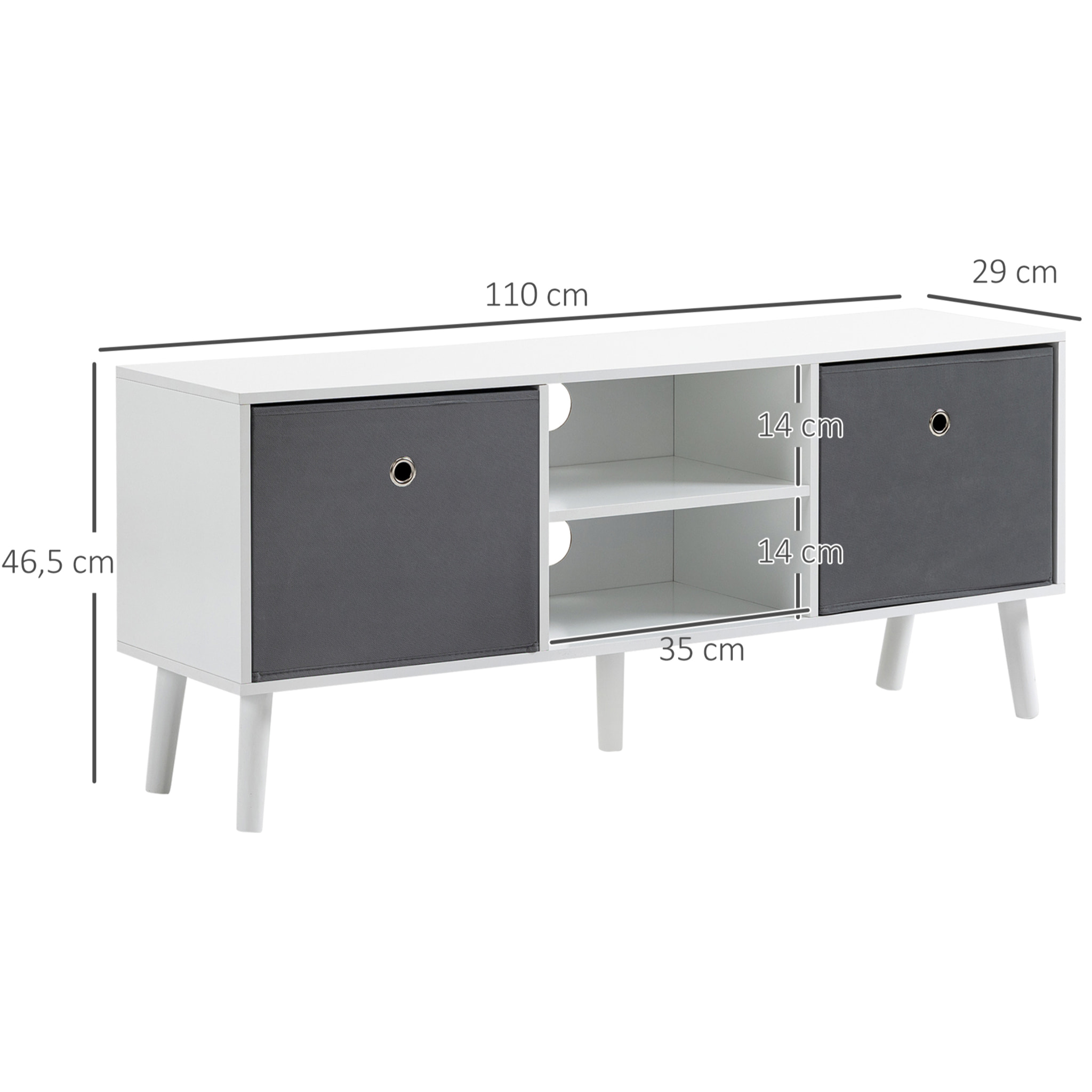 HOMCOM Mueble Auxiliar de TV para Televisores de hasta 50 Pulgadas Mesa para TV de Salón Moderna con 2 Cajones de Tela y 2 Estantes Abiertos 110x29x46,5 cm Blanco y Gris