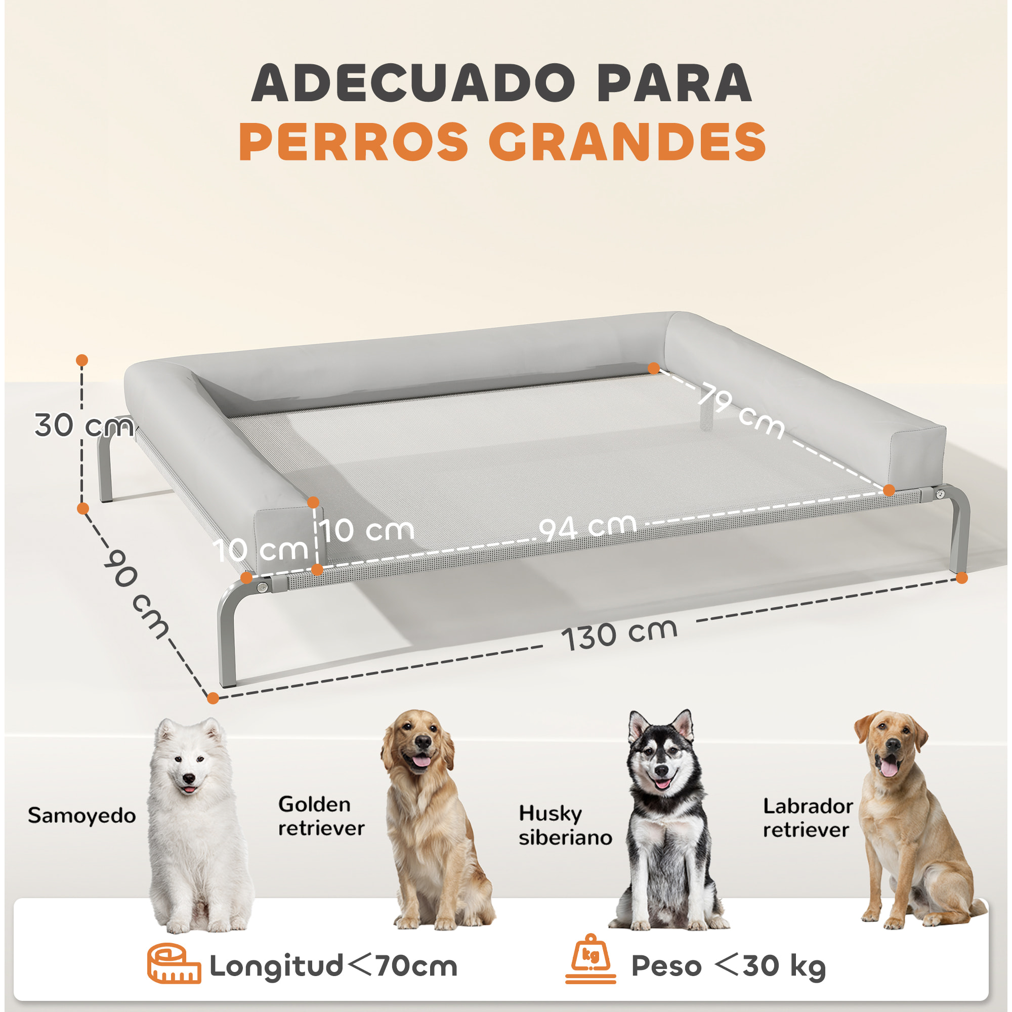Cama Elevada para Perros Refrescante con Refuerzos Extraíbles Cama Elevada para Perros Grandes Portátil con Malla Transpirable Marco de Acero para Interior Exterior 130x90x30 cm Gris Claro