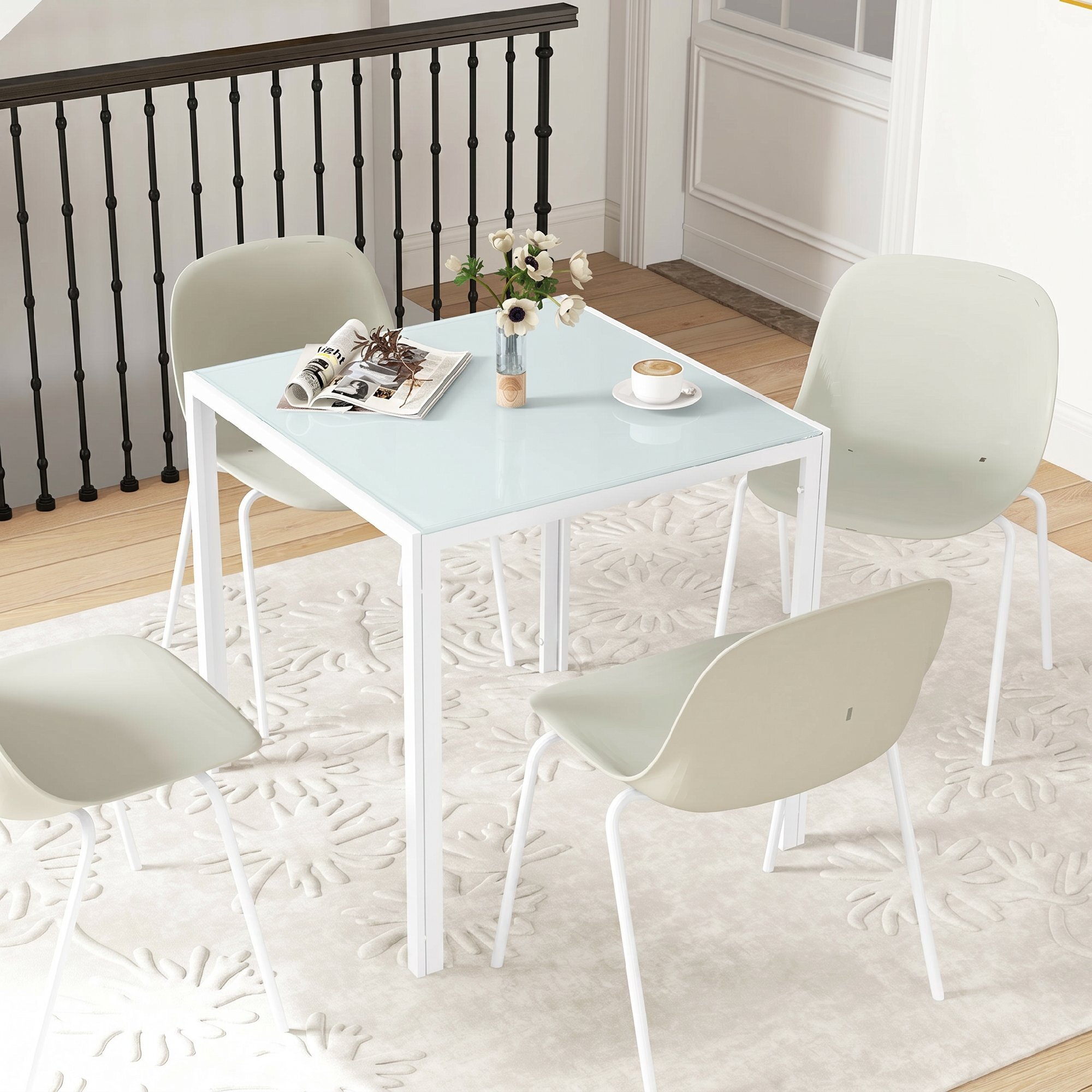 HOMCOM Mesa de Comedor de Cristal, Mesa Cuadrada para 4 Personas con Patas de Metal, para Cocina, Salón, 75x75x75 cm, Blanco