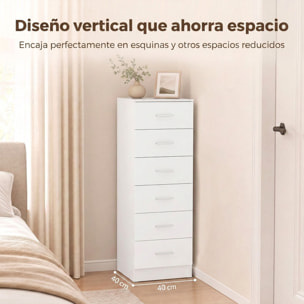 Cómoda de 6 Cajones, Cajonera para Dormitorio Alta y Estrecha, Sinfonier para Salón, Vestidor, Entrada, 40x40x110 cm, Blanco