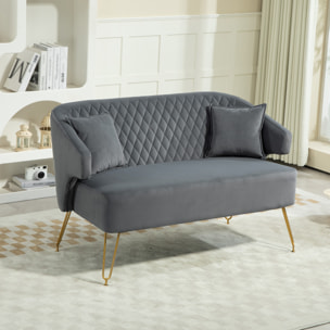 Sofá de 2 Plazas Tapizado en Terciopelo Sofá de Salón con 2 Almohadas Reposabrazos y Patas de Acero Doradas Sofá Pequeño Carga 240 kg para Dormitorio Oficina 124x69x76 cm Gris