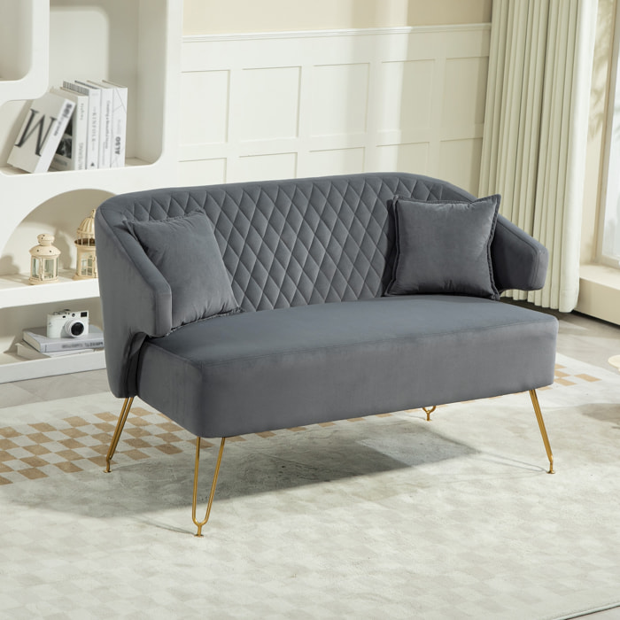 Sofá de 2 Plazas Tapizado en Terciopelo Sofá de Salón con 2 Almohadas Reposabrazos y Patas de Acero Doradas Sofá Pequeño Carga 240 kg para Dormitorio Oficina 124x69x76 cm Gris