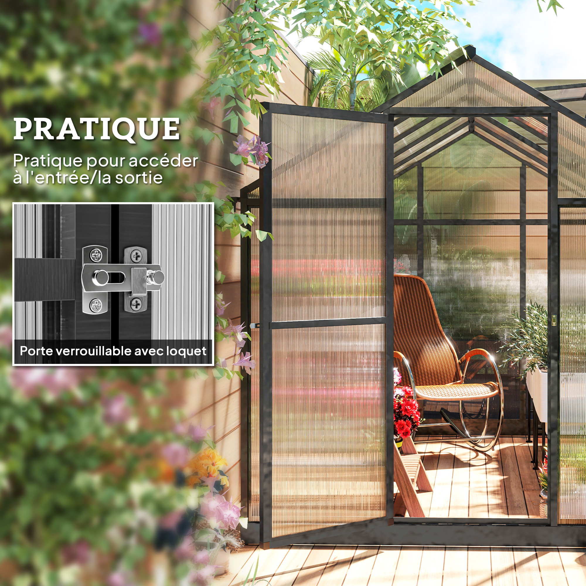 Serre de jardin alu polycarbonate 5,5 m² dim. 3,03x1,83x1,95m fondation lucarne porte loquet anthracite
