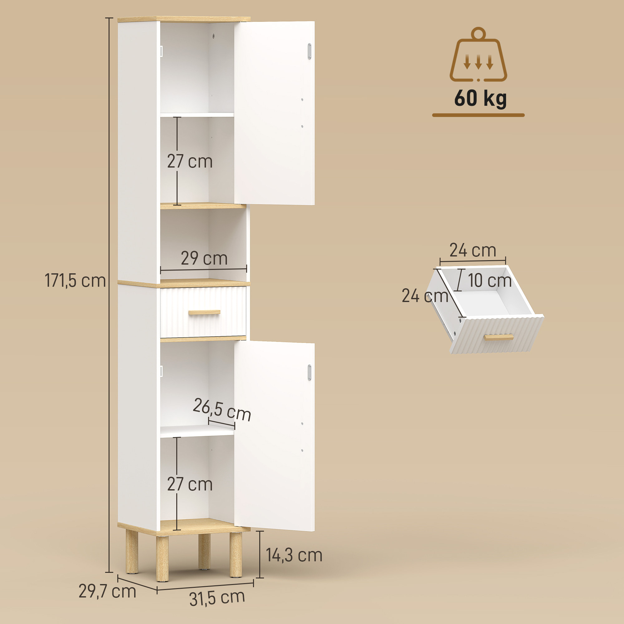 Armario de Baño Alto, Mueble Auxiliar de Baño Estrecho con Estantes Ajustables, Puertas Acanaladas, Cajón, Estante Abierto, Patas de Madera, para Espacios Pequeños, 31,5x29,7x171,5 cm, Blanco