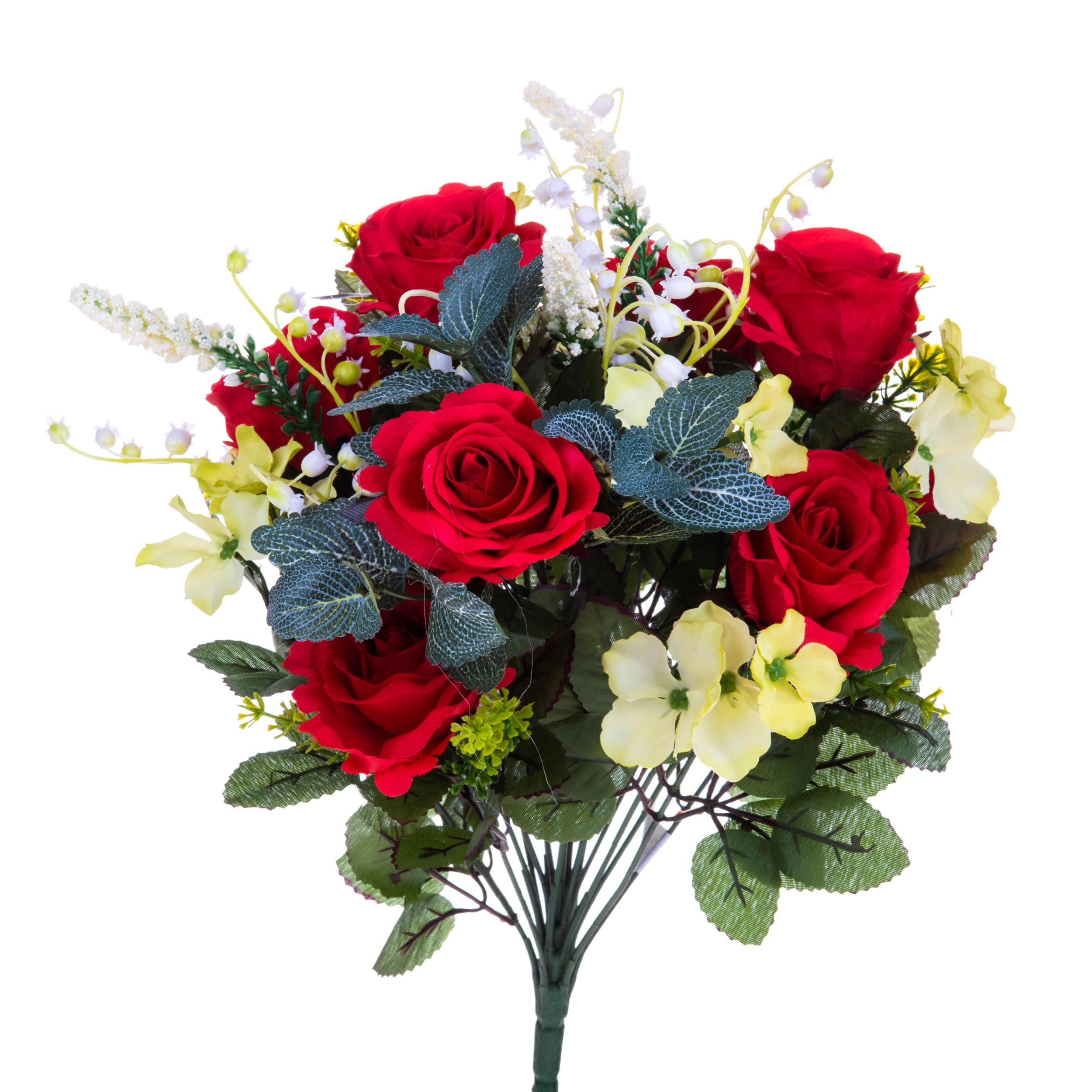 Bouquet Rose Con Mughetti. Altezza 43 Cm - Pezzi 2 - 24X43X20cm - Colore: Rosso - Bianchi Dino - Fiori Artificiali