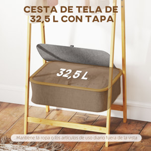 Burro Ropa de Bambú con Cesta de Tela con Tapa, Perchero Burro Ropa Plegable, Perchero para Recibidor, Entrada, Dormitorio, 60x44,5x157,5 cm, Natural y Gris