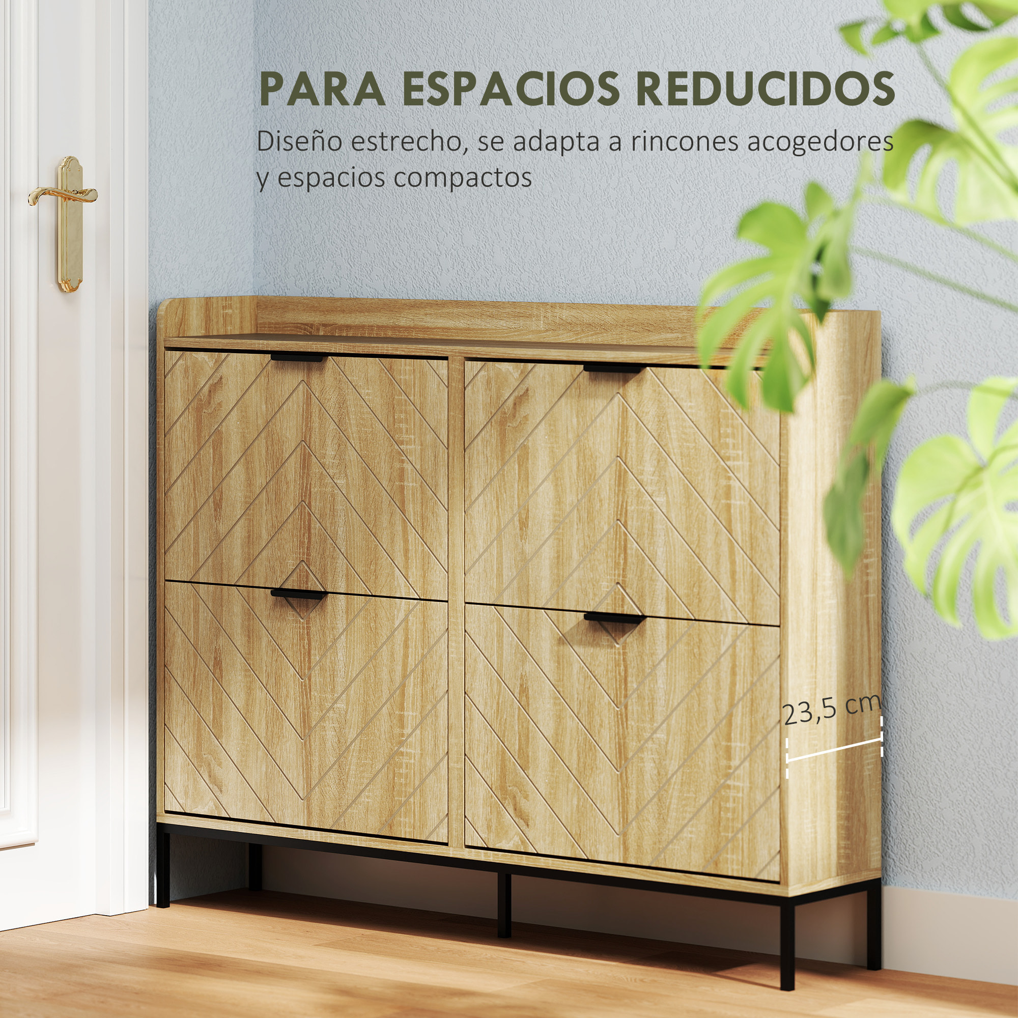 Zapatero Estrecho con 4 Puertas Abatibles Zapatero Entrada Recibidor con Estantes Ajustables para 16 Pares de Zapatos para Pasillo Espacios Reducidos 120x23,5x95,5 cm Roble