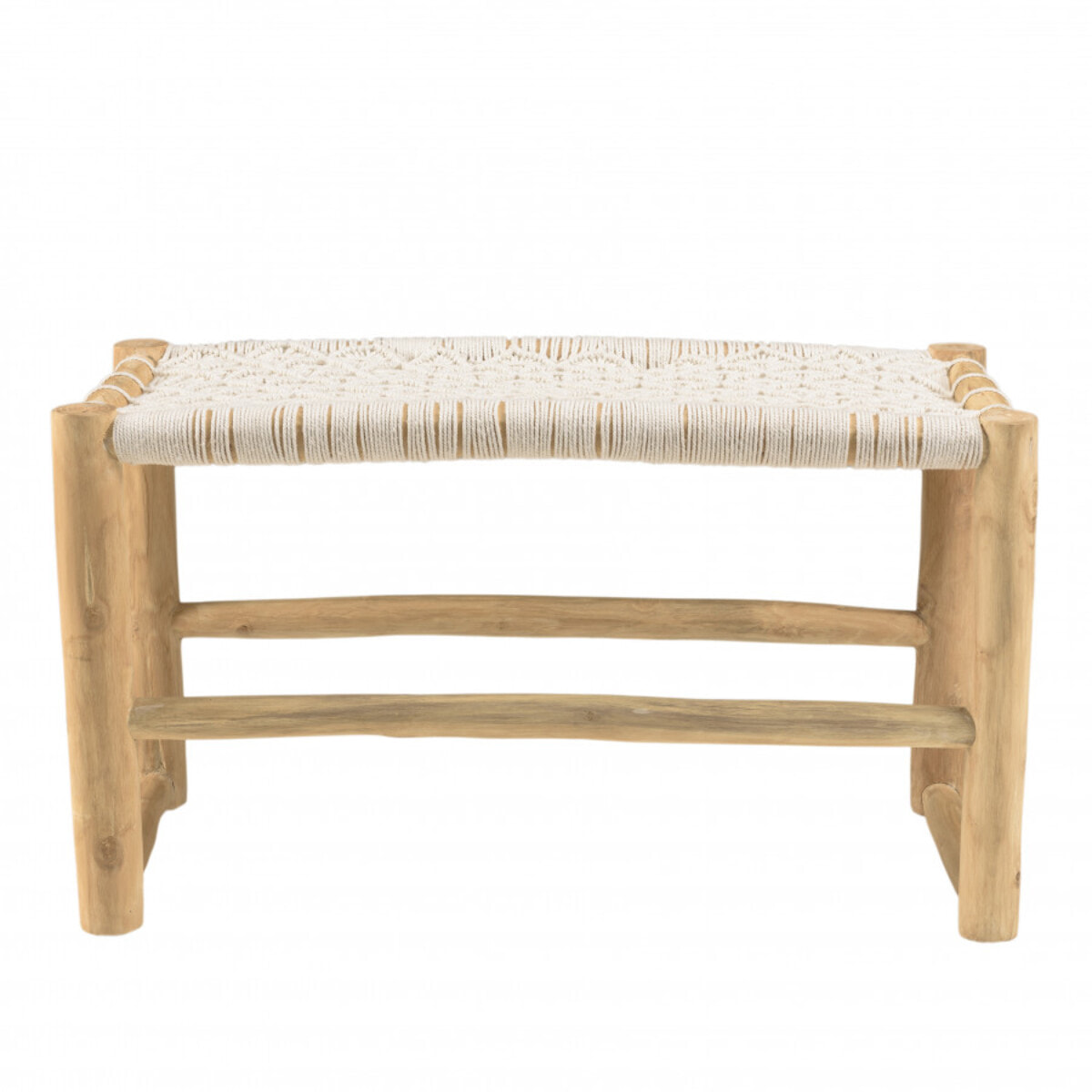 WILL - Banc en branches de teck naturel assise en macramé blanc