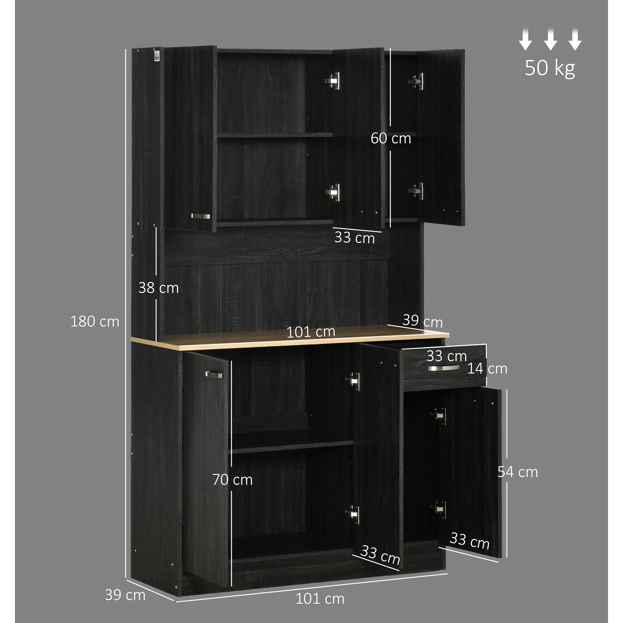 Alacena de Cocina Mueble Auxiliar de Cocina Alta con 6 Puertas Cajón Encimera Abierta y Estantes Ajustables Estilo Moderno Negro Veteado 101x39x180 cm